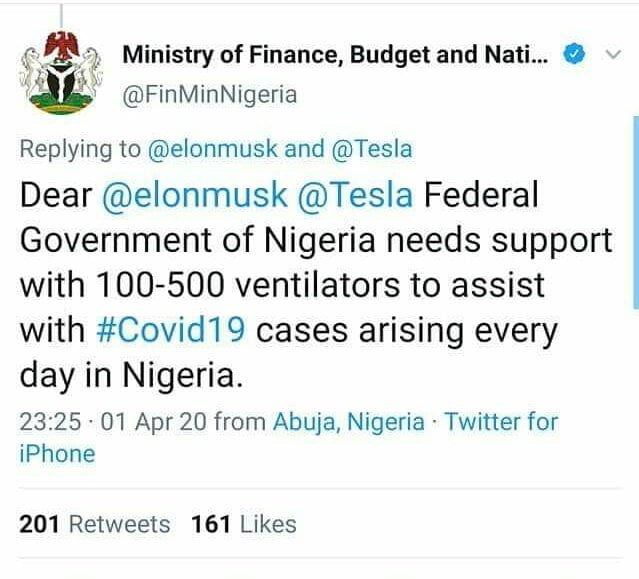 elon musk naija REPORT AFRIQUE International Coronavirus: Nigerians React as Government Begs US Billionaire, Elon Musk For Ventilators On Twitter