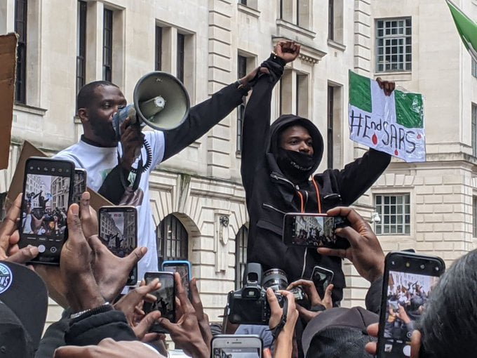 Nigerian pop sensation, Wizkid also showed up for the protest in London and addressed the crowd. endsars london protest