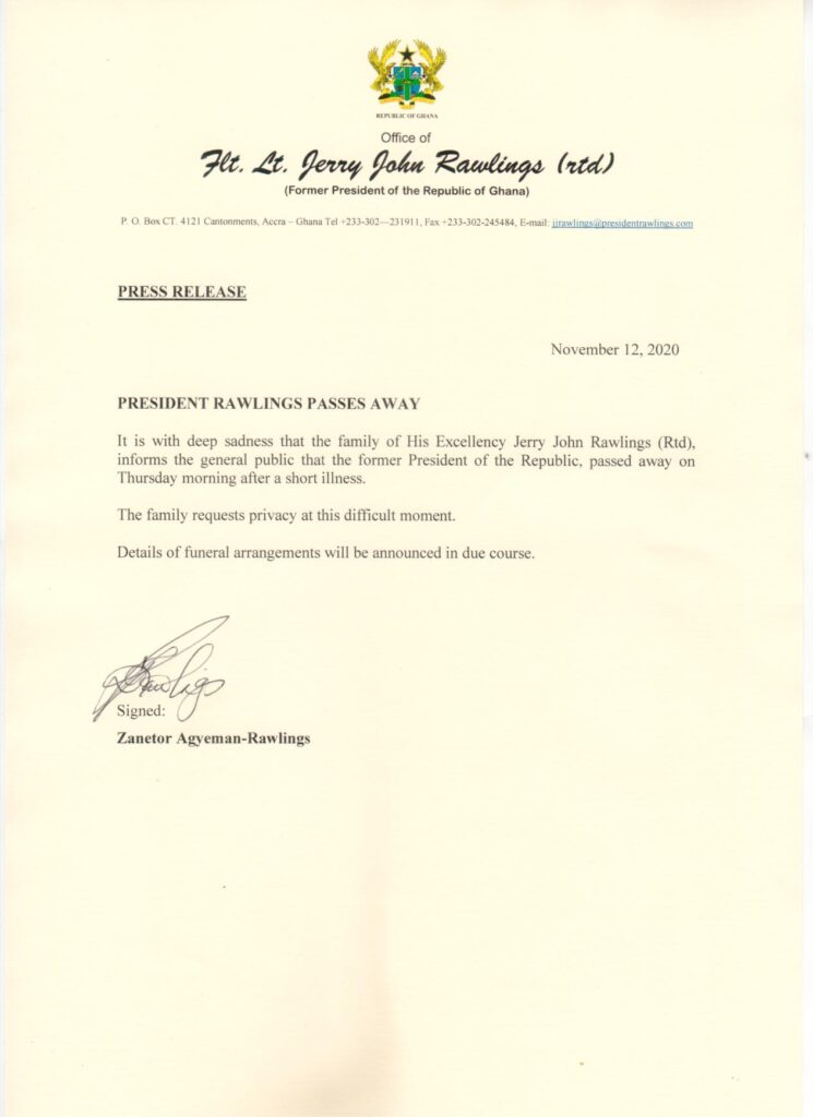 Press release on Jerry Rawlings death