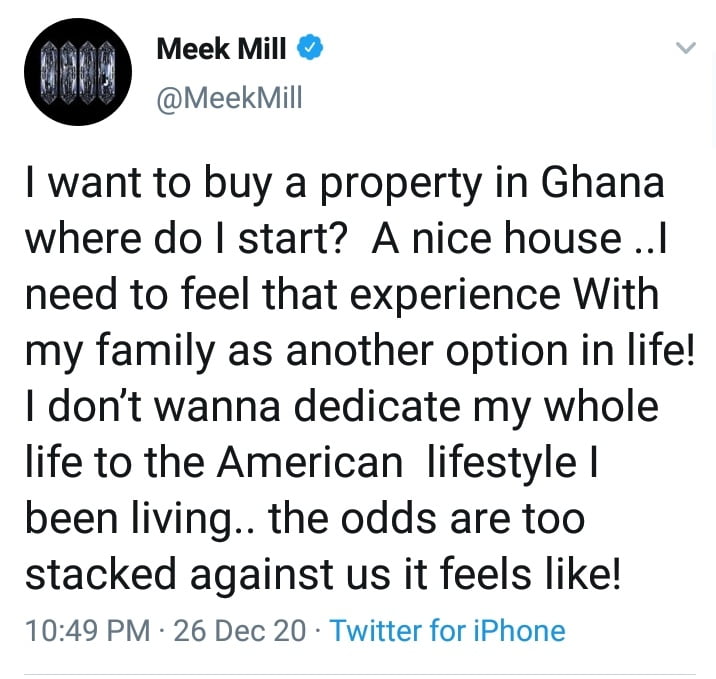 Screenshot 20201227 093521 Twitter 01 REPORT AFRIQUE International I want To Buy A House In Ghana, Don’t Want To Dedicate My Whole Life To The American Lifestyle – Rapper Meek Mill