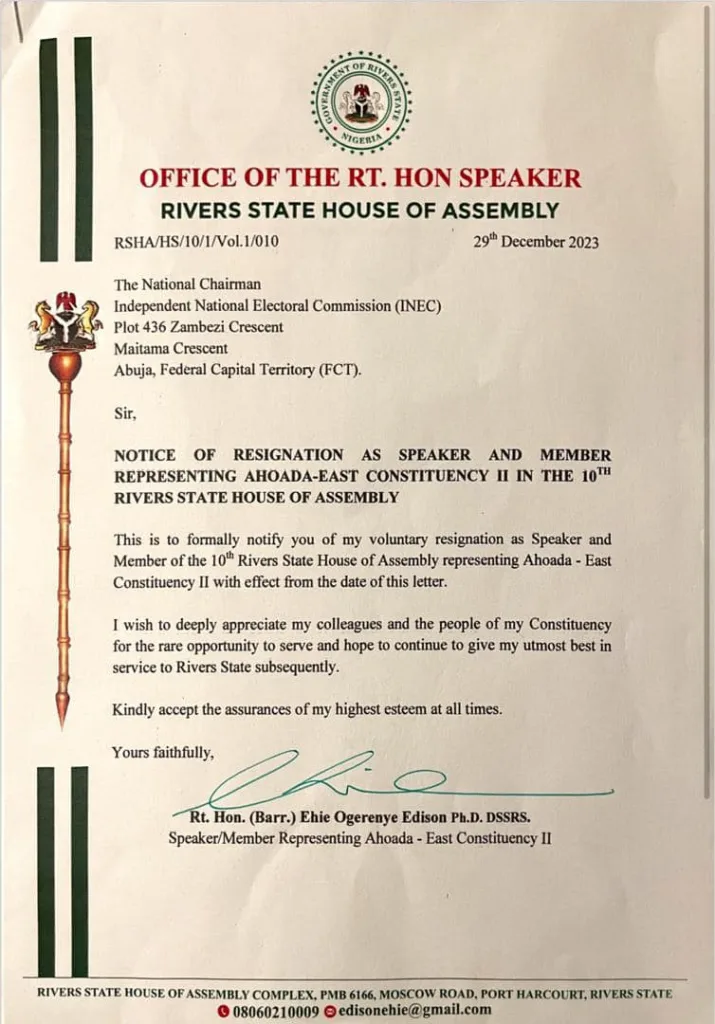Breaking: Embattled Factional Speaker of Rivers State Assembly, Ehie Edison Resigns