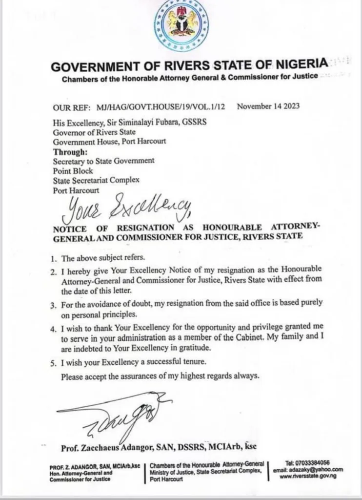 letter of resignation by rivers state attorney general