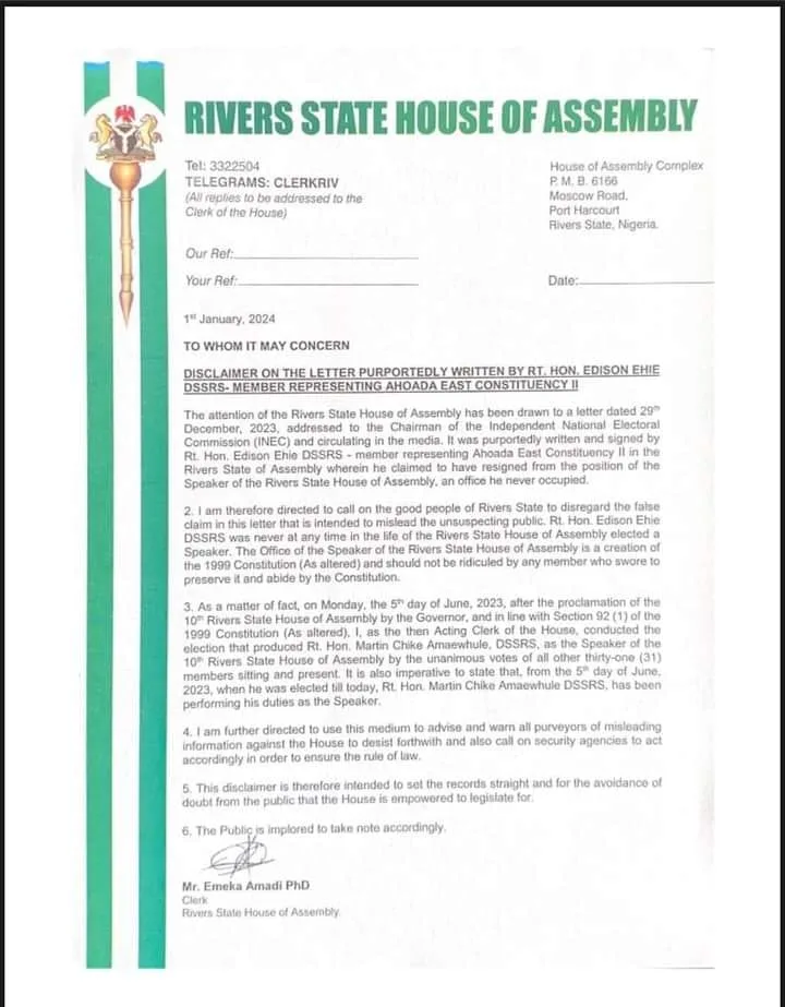 Misleading Claims Surface Regarding Rivers State Assembly Speaker