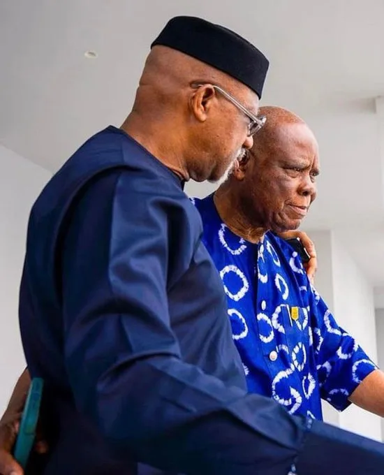  Governor Dapo Abiodun of Ogun State and late Herbert Wigwe’s 89-year-old father, Shyngle Wigwe in Ikwerre, Rivers State on Friday.