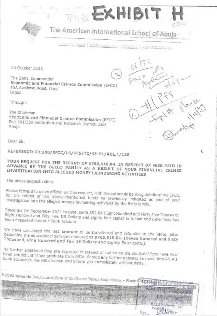 80086452 7A26 4F5D 9EF2 06B22BDED161 REPORT AFRIQUE International EFCC Requests Refund of $845,000 from Yahaya Bello Paid For Child’s School Fees