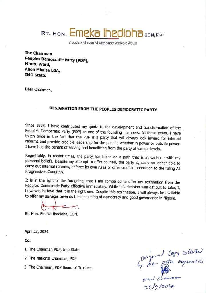 Emeka Ihedioha's resignation letter 