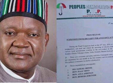 PDP Suspends Ortom and 3 Others for Anti-Party Activities