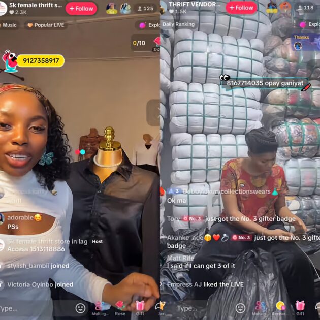 Thrift vendor Koforowola Adedeji relies on live sales to move her stock. 