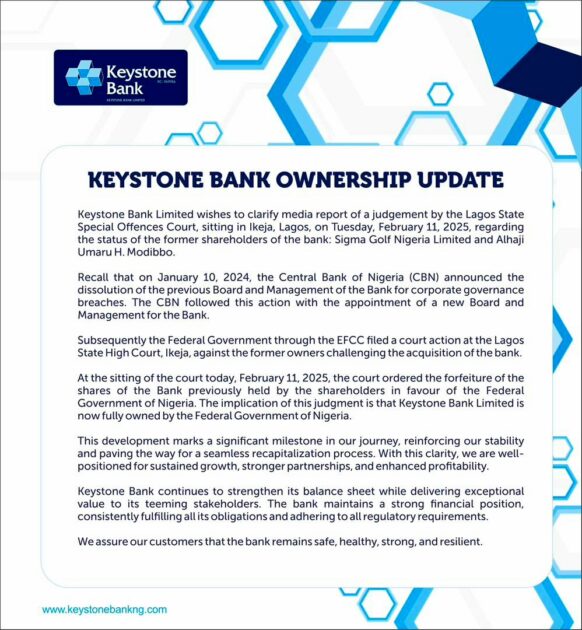 FG Takes Over Keystone Bank: Reasons And What It Means For Customers’ Money The Bank issued a statement